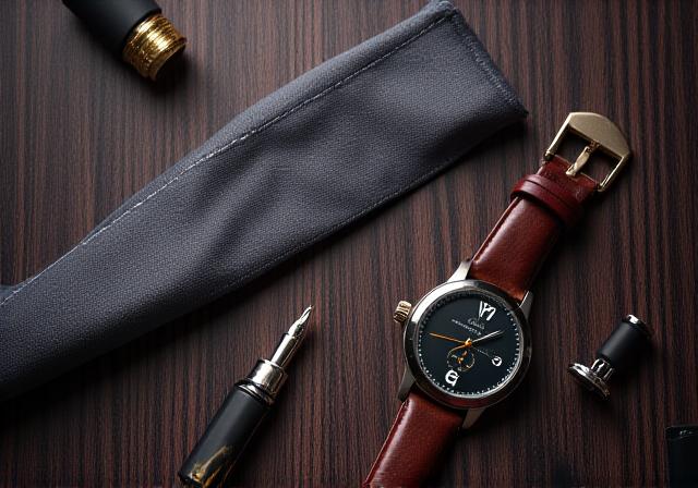 Flat lay of high-end watch, leather belt, and silk pocket square