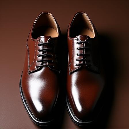 Dark brown leather Oxford shoes on a wooden surface