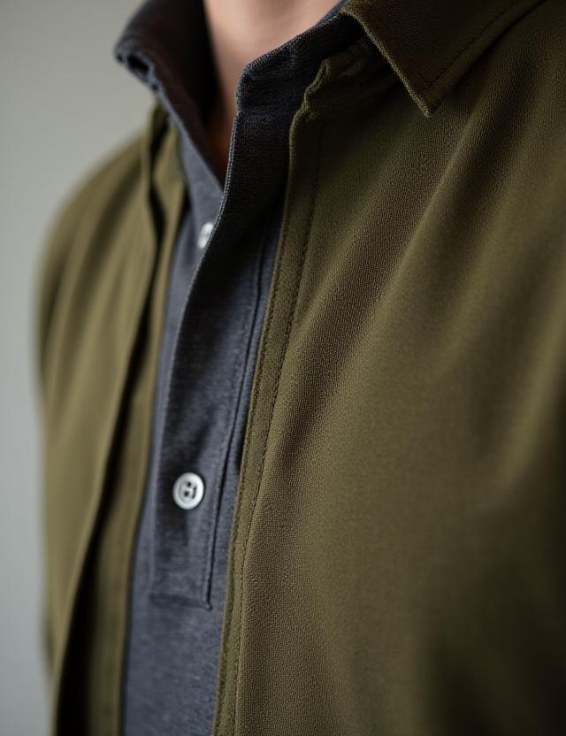 Detail of a man wearing a luxury cotton overshirt over a fine knit polo